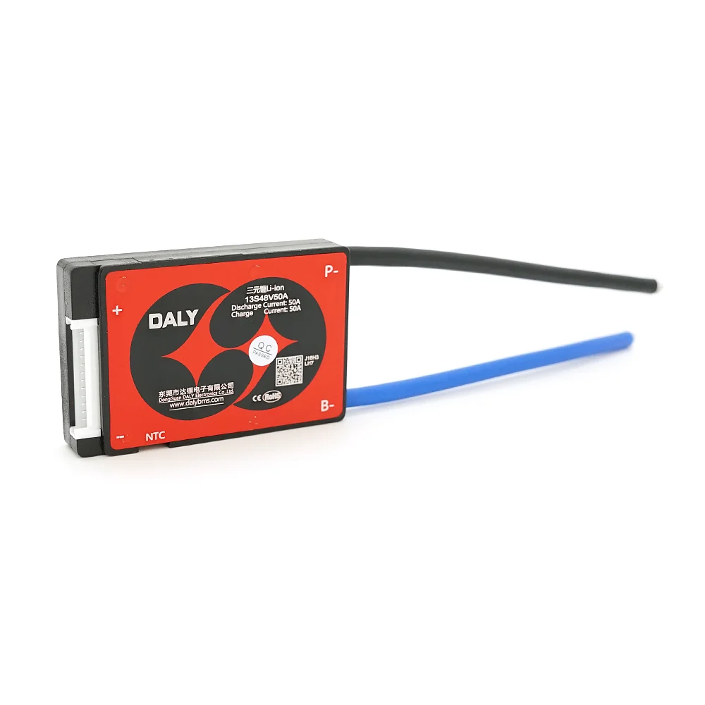 BMS плата Daly 13S48V50A Li-ion 13S. 48V (max.54.6V). Discharge 50A. Charge 25A. Balance 30mA. <20mΩ. Bluetooth. Common Port (симметрия). 80x61x16мм