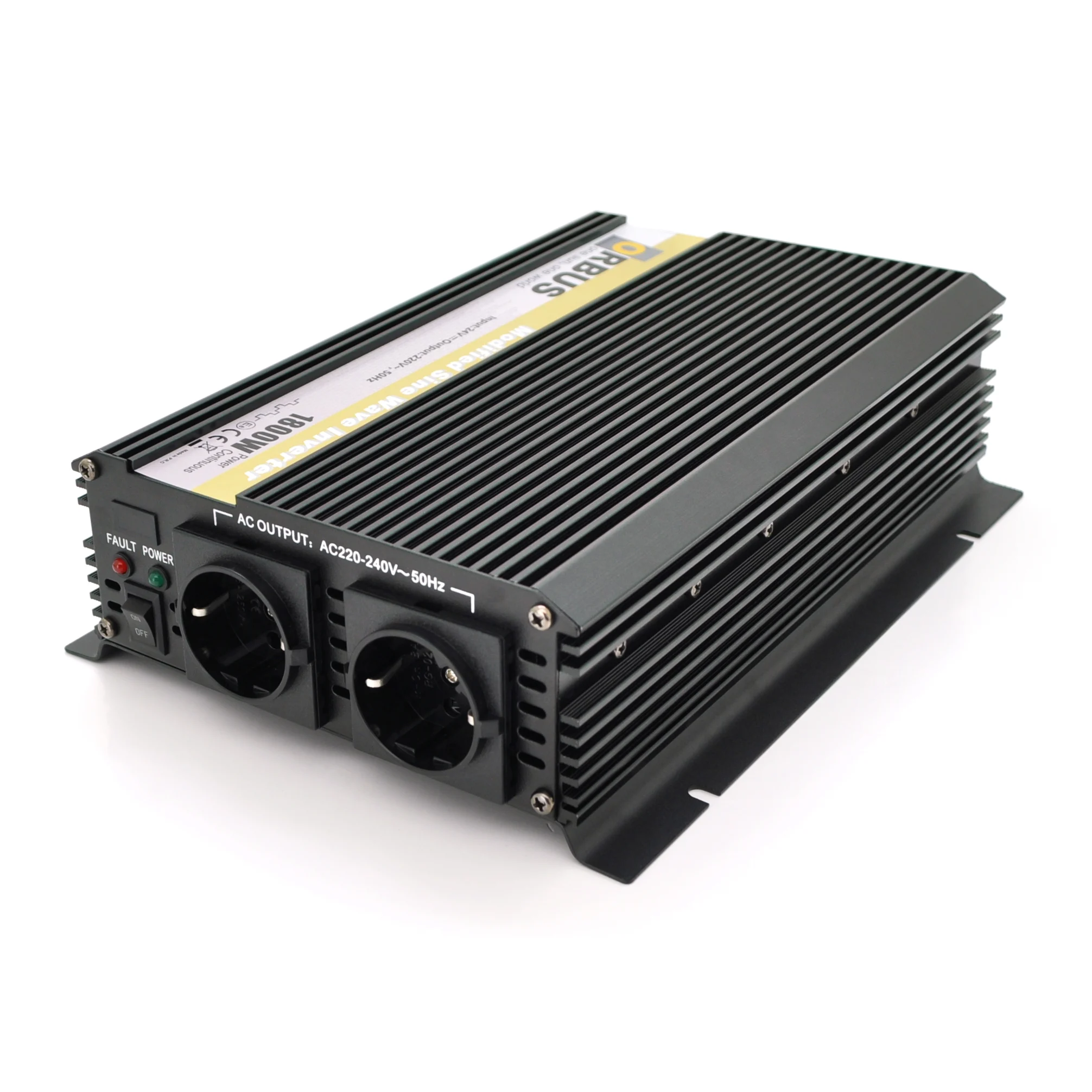 Инвертор напряжения ORBUS ORMS24-1800 (1800Вт), 24 / 220V, approximated, 2 Shuko, клемные провода, 5 предохранителей, Box.Q20